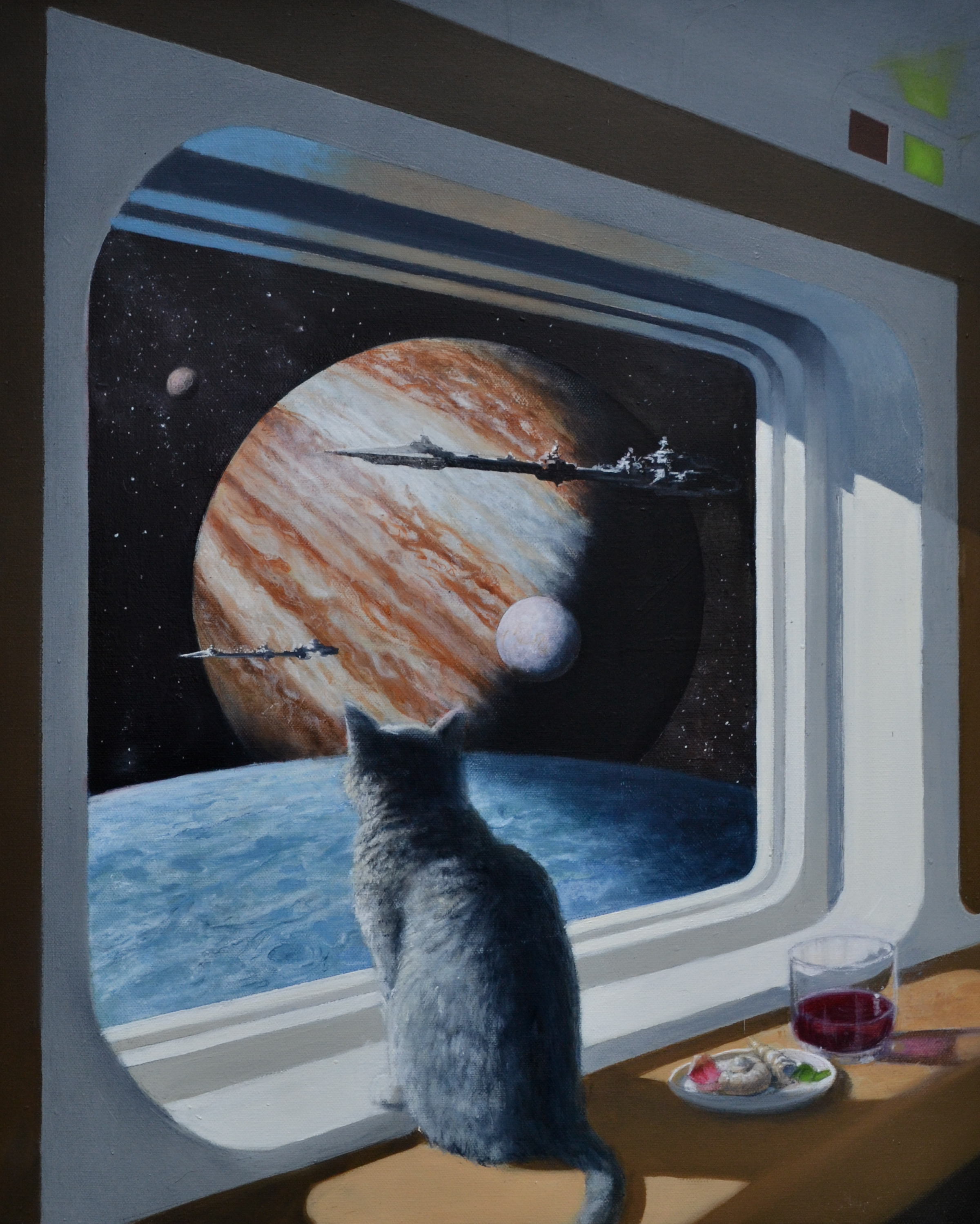 This meme features an image of a cat sitting at a space station window, staring out at a stunning view of a planet with multiple spaceships and a giant, glowing moon. The cat's expression is one of calm, unimpressed curiosity. The image is captioned "I can see for miles" in a deadpan, sarcastic tone.